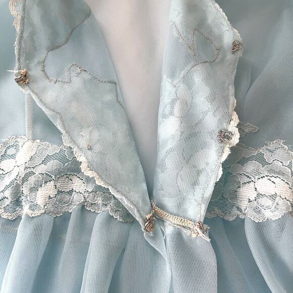 Vintage Blue Chiffon Tulle Lace Robe Double Layer Lingerie - Picture 8 of 9